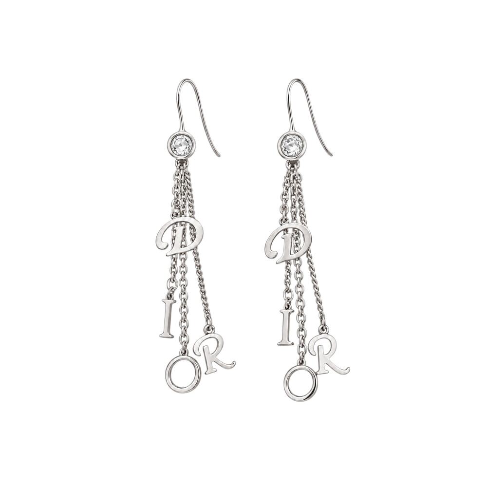 Vintage Christian Dior Silver Dangle Chain Letter Logo Charm Hook Long Earrings